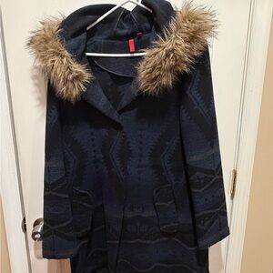 5/48 Navy Patterned Coat with Faux Fur Hood
